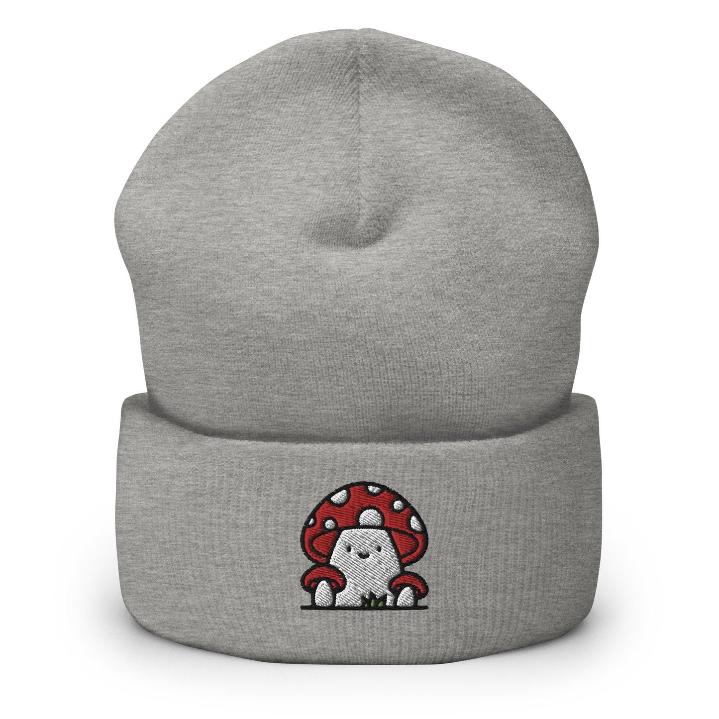 Cute Red Mushroom Family Embroidered Beanie, Handmade Cuffed Knit Unisex Slouchy Adult Winter Hat Cap Gift
