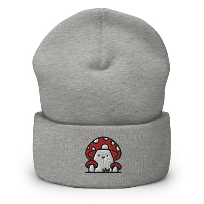 Cute Red Mushroom Family Embroidered Beanie, Handmade Cuffed Knit Unisex Slouchy Adult Winter Hat Cap Gift