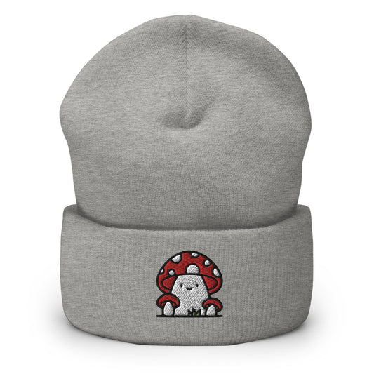 Cute Red Mushroom Family Embroidered Beanie, Handmade Cuffed Knit Unisex Slouchy Adult Winter Hat Cap Gift