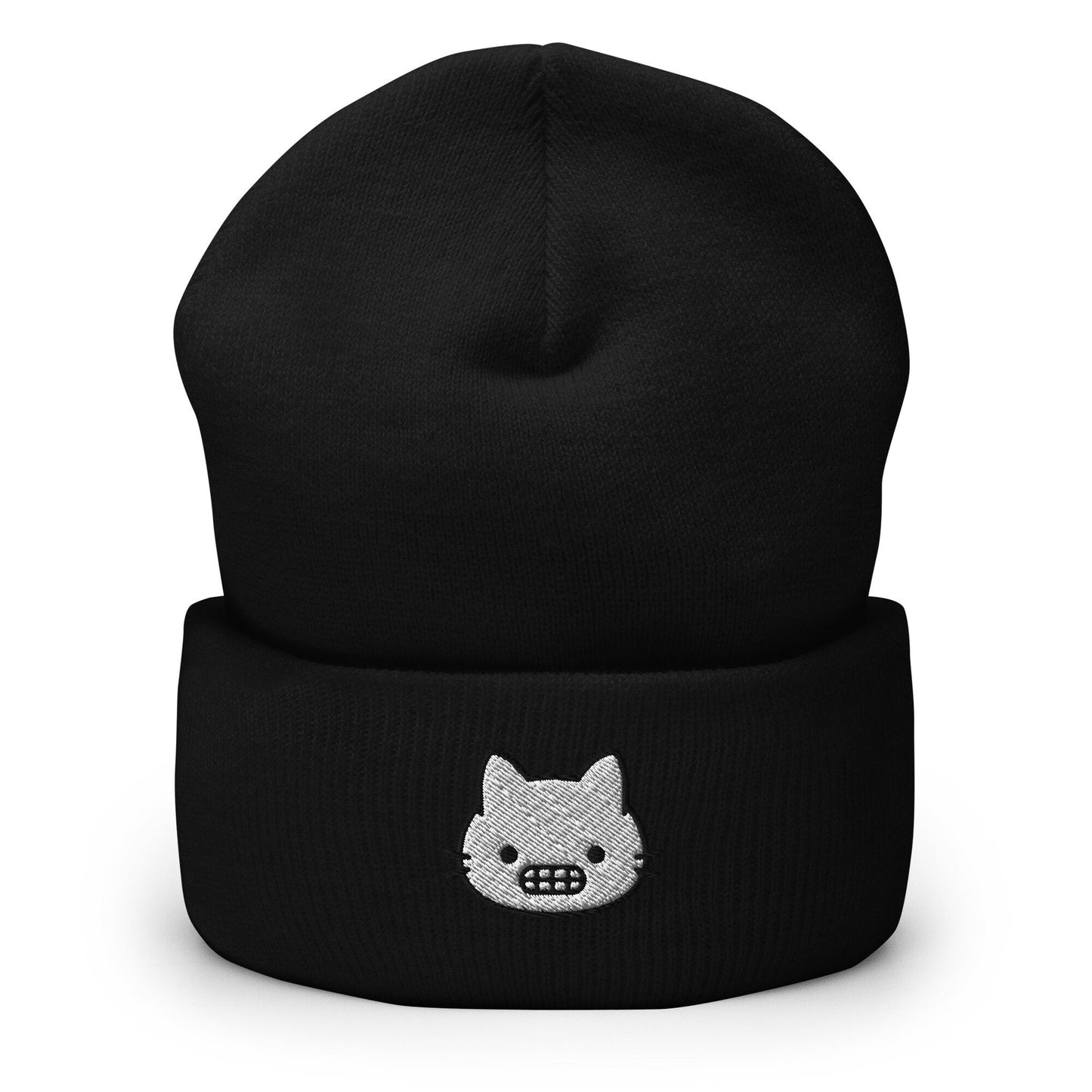 Grimacing Cat Face Embroidered Beanie, Handmade Cuffed Knit Unisex Slouchy Adult Winter Hat Cap Gift
