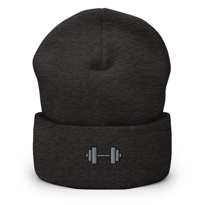 Dumbbell Weightlifting Body Building Embroidered Beanie, Handmade Cuffed Knit Unisex Slouchy Adult Winter Hat Cap Gift