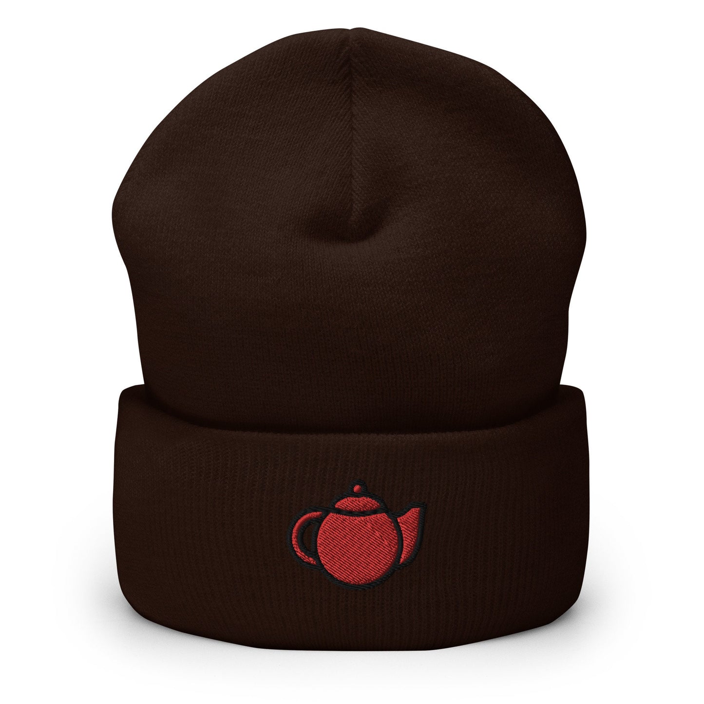 Teapot Embroidered Beanie, Handmade Cuffed Knit Unisex Slouchy Adult Winter Hat Cap Gift