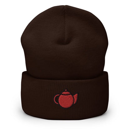 Teapot Embroidered Beanie, Handmade Cuffed Knit Unisex Slouchy Adult Winter Hat Cap Gift