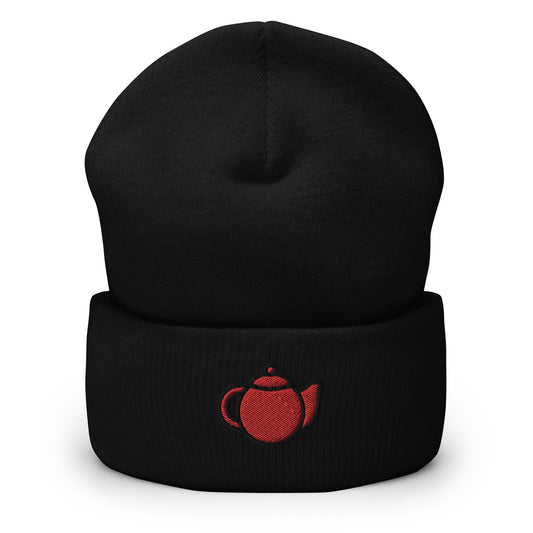 Teapot Embroidered Beanie, Handmade Cuffed Knit Unisex Slouchy Adult Winter Hat Cap Gift