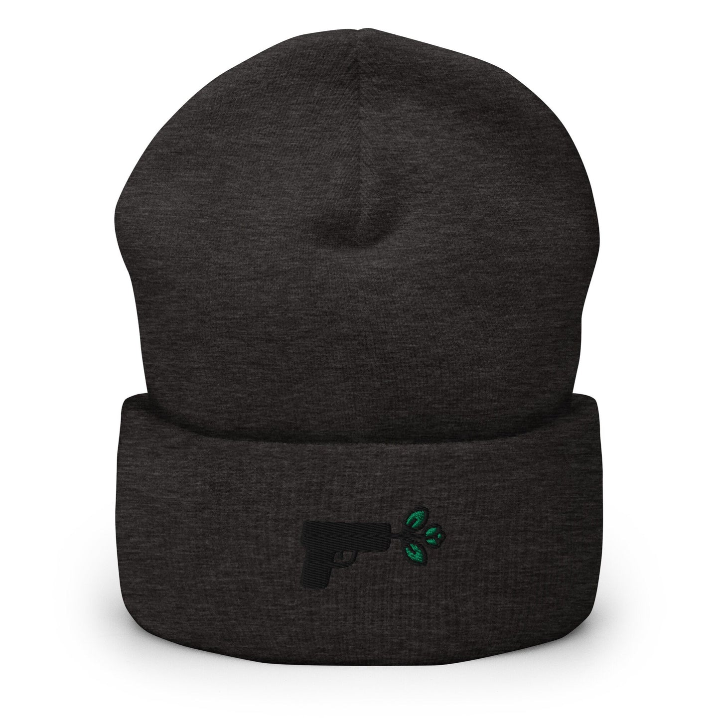 Pistol Peace Gun Embroidered Beanie, Handmade Cuffed Knit Unisex Slouchy Adult Winter Hat Cap Gift