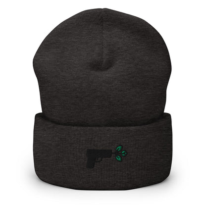 Pistol Peace Gun Embroidered Beanie, Handmade Cuffed Knit Unisex Slouchy Adult Winter Hat Cap Gift