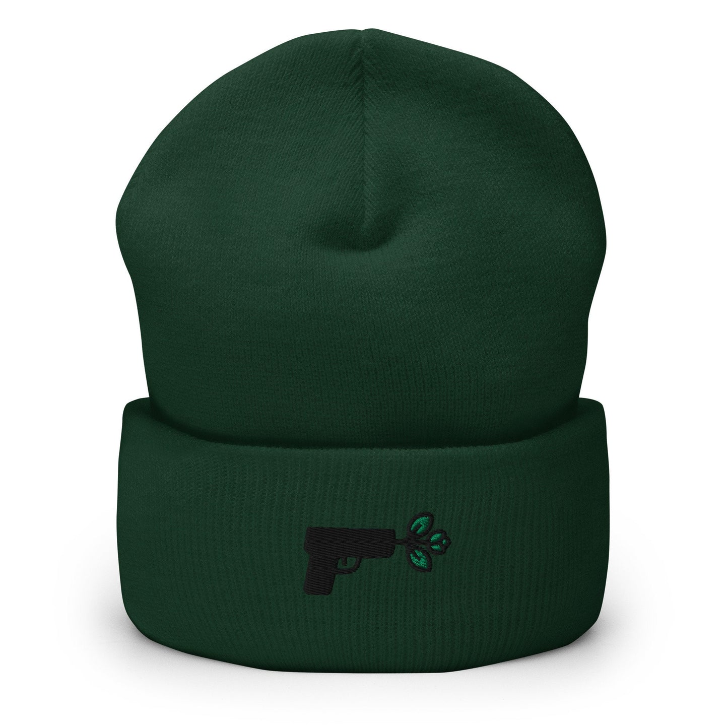 Pistol Peace Gun Embroidered Beanie, Handmade Cuffed Knit Unisex Slouchy Adult Winter Hat Cap Gift