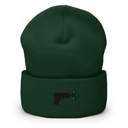 Pistol Peace Gun Embroidered Beanie, Handmade Cuffed Knit Unisex Slouchy Adult Winter Hat Cap Gift