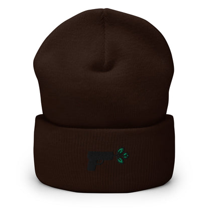 Pistol Peace Gun Embroidered Beanie, Handmade Cuffed Knit Unisex Slouchy Adult Winter Hat Cap Gift