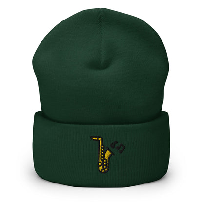 Jazz Saxophone Embroidered Beanie, Handmade Cuffed Knit Unisex Slouchy Adult Winter Hat Cap Gift