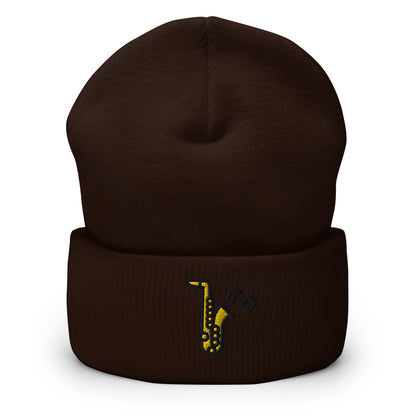 Jazz Saxophone Embroidered Beanie, Handmade Cuffed Knit Unisex Slouchy Adult Winter Hat Cap Gift