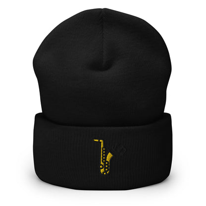 Jazz Saxophone Embroidered Beanie, Handmade Cuffed Knit Unisex Slouchy Adult Winter Hat Cap Gift