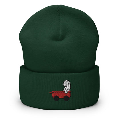 Stuffed Bunny Doll Red Wagon Embroidered Beanie, Handmade Cuffed Knit Unisex Slouchy Adult Winter Hat Cap Gift