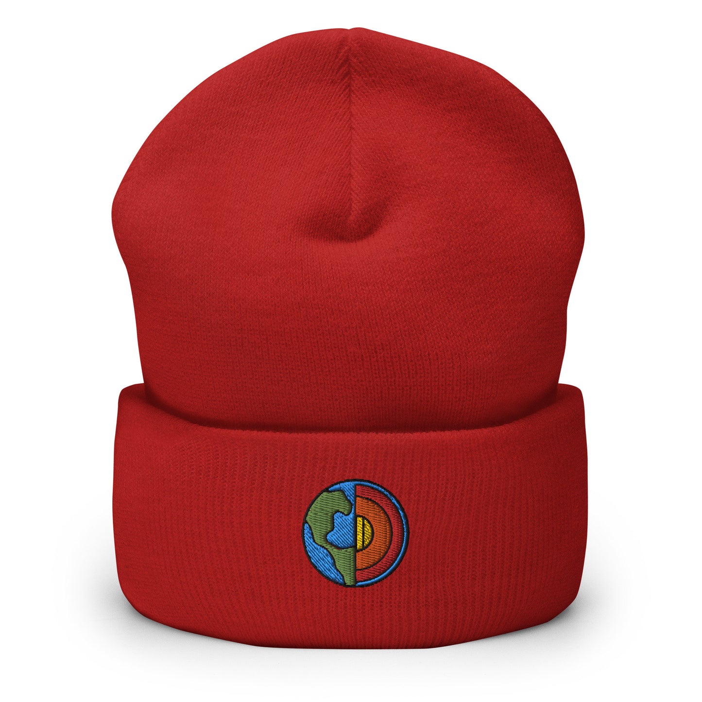 Geologist Planet Earth Core Embroidered Beanie, Handmade Cuffed Knit Unisex Slouchy Adult Winter Hat Cap Gift
