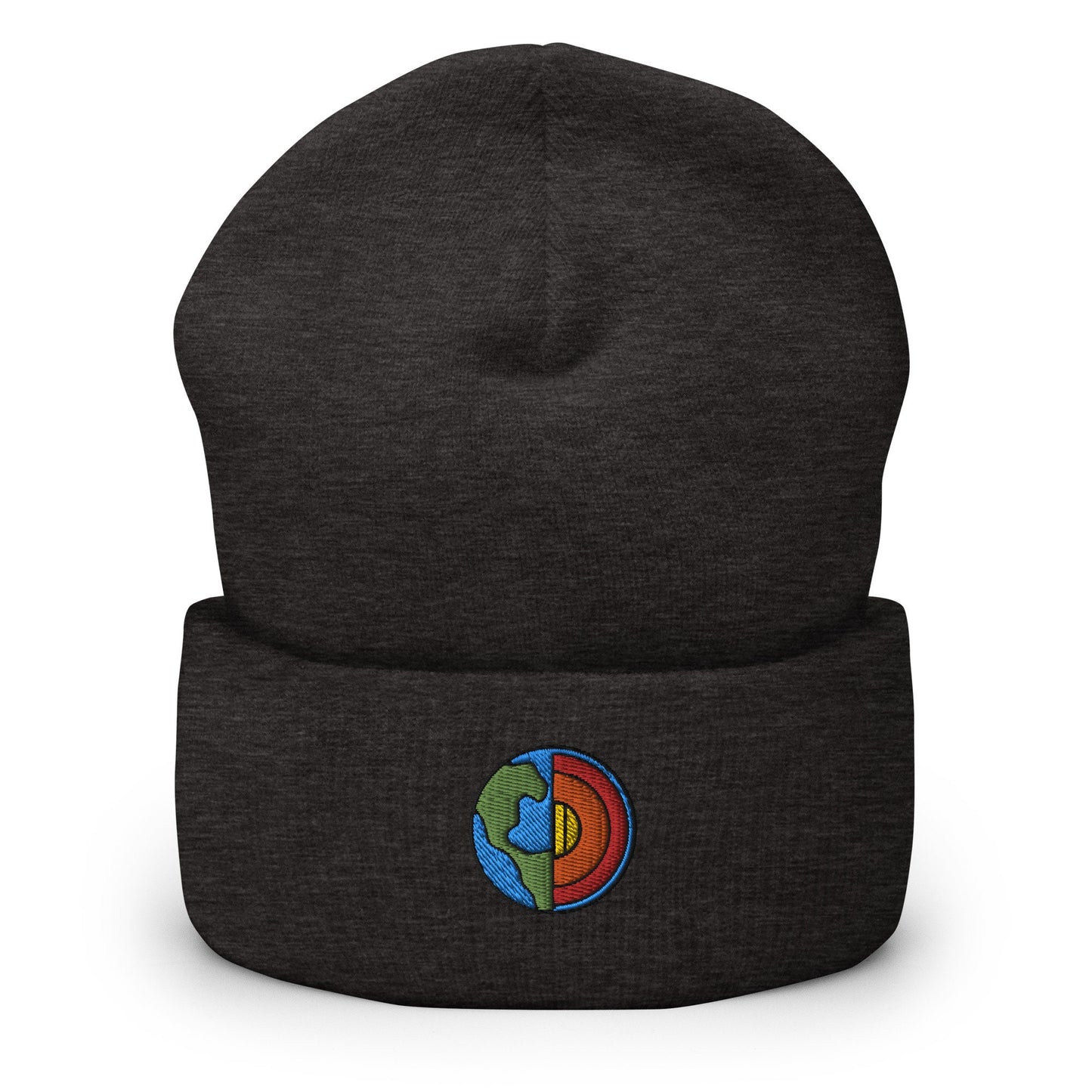 Geologist Planet Earth Core Embroidered Beanie, Handmade Cuffed Knit Unisex Slouchy Adult Winter Hat Cap Gift