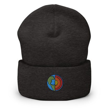 Geologist Planet Earth Core Embroidered Beanie, Handmade Cuffed Knit Unisex Slouchy Adult Winter Hat Cap Gift