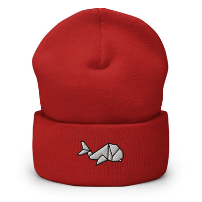 Japanese Origami Whale Embroidered Beanie, Handmade Cuffed Knit Unisex Slouchy Adult Winter Hat Cap Gift