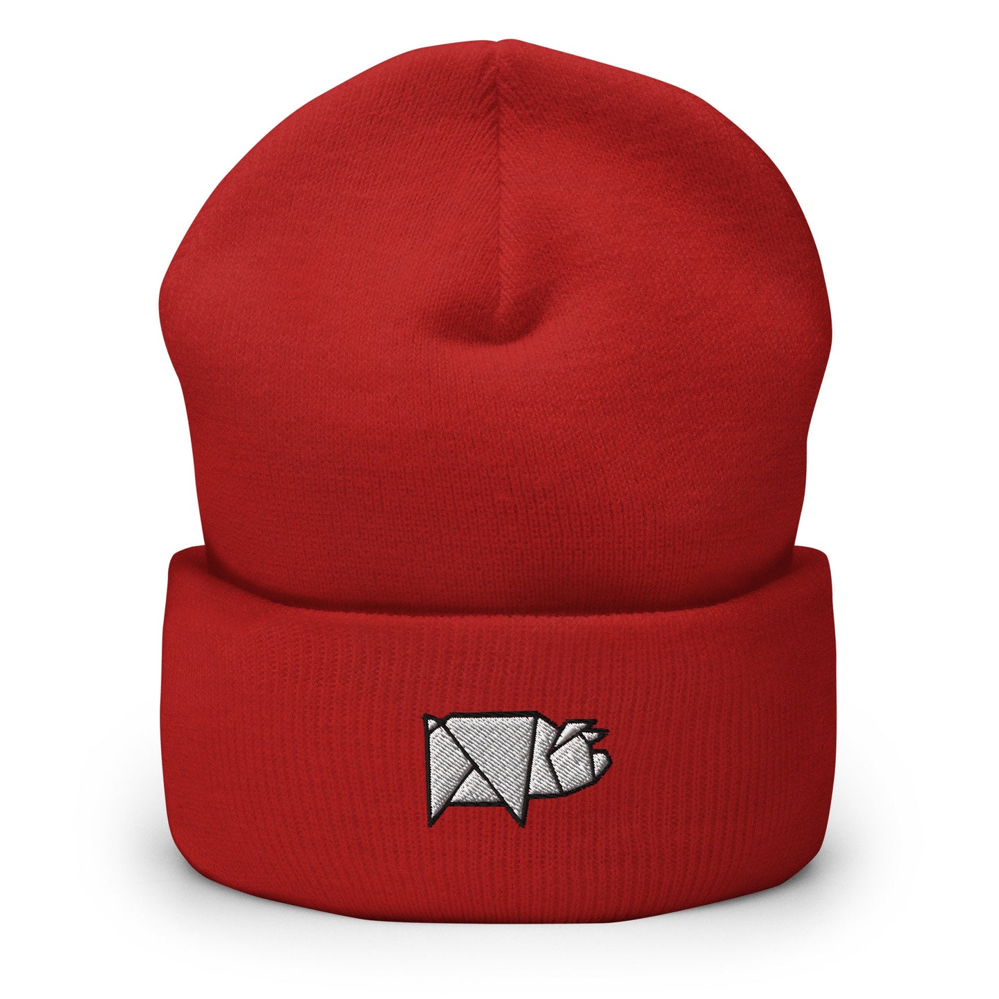 Origami Pig Embroidered Beanie, Handmade Cuffed Knit Unisex Slouchy Adult Winter Hat Cap Gift