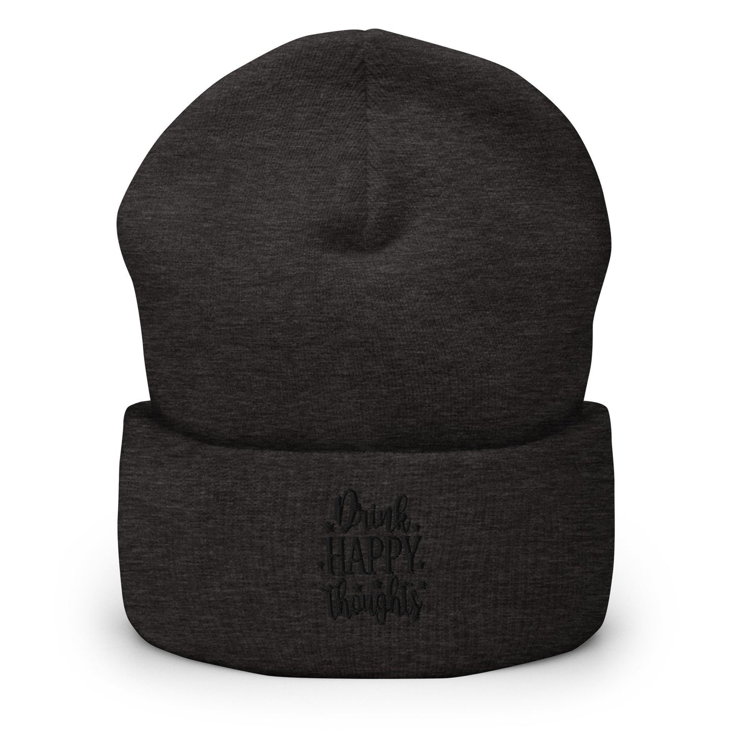 Drink Happy Thoughts Embroidered Beanie, Handmade Cuffed Knit Unisex Slouchy Adult Winter Hat Cap Gift