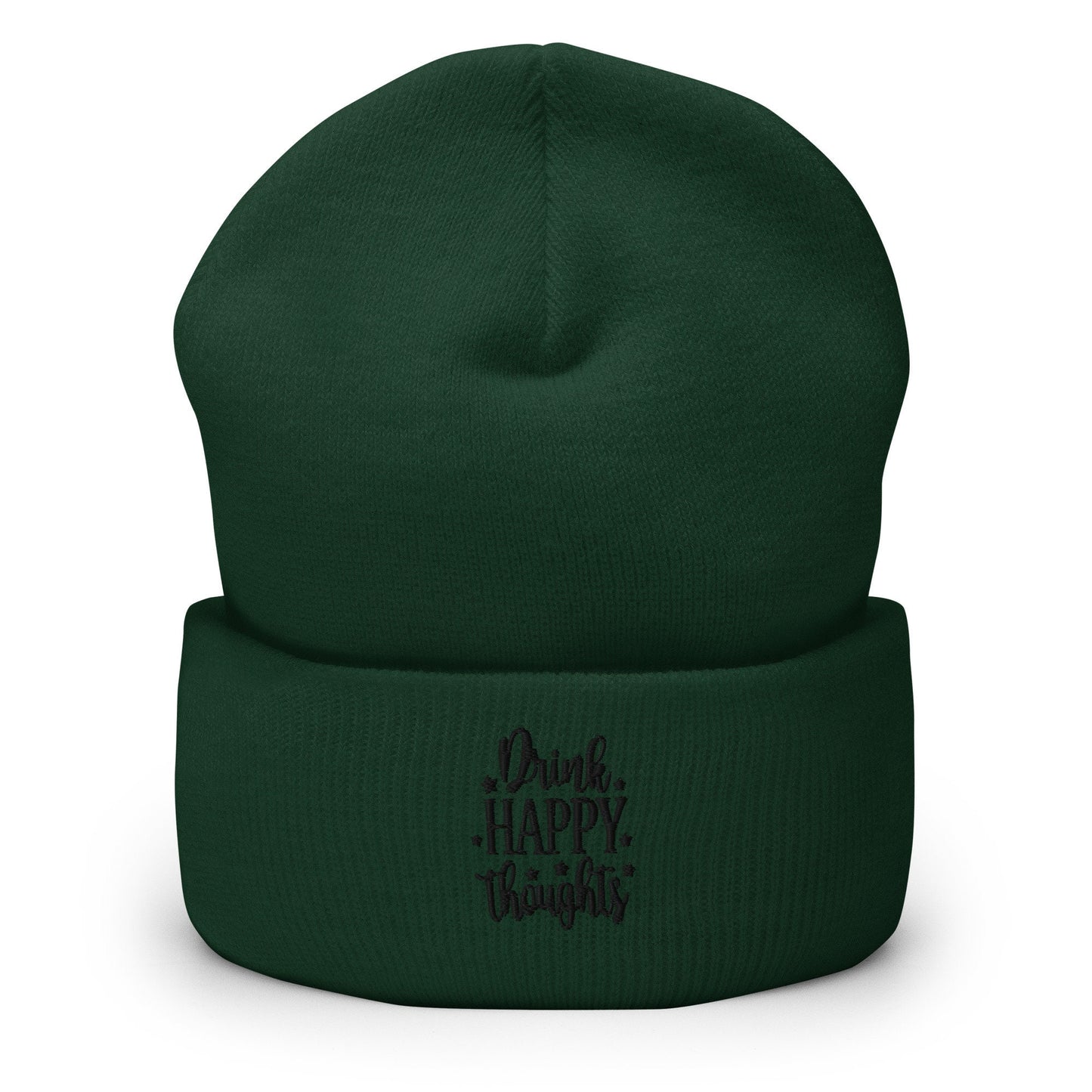 Drink Happy Thoughts Embroidered Beanie, Handmade Cuffed Knit Unisex Slouchy Adult Winter Hat Cap Gift