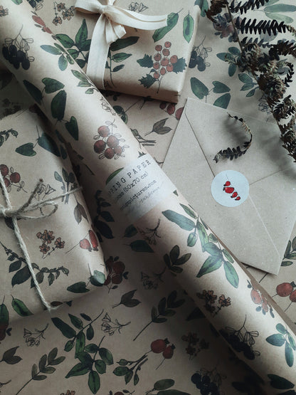 Berries and plants Wrapping paper, Gift Wrap, Wrapping, Floral Gift Warp, Wrapping paper, gift paper, floral wrapping paper, recycled paper