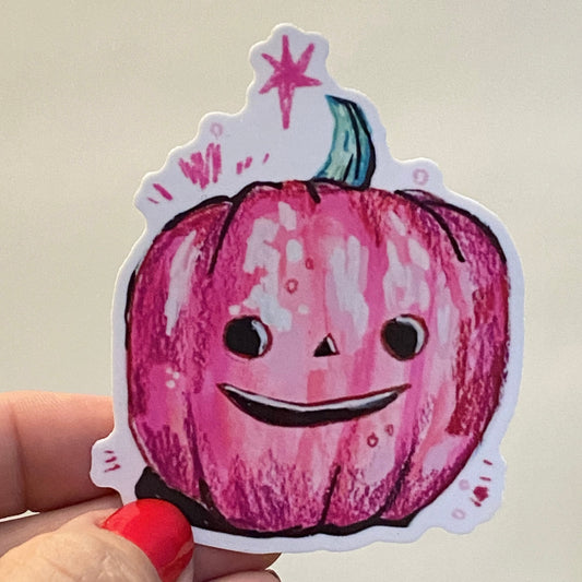 Pink Pumpkin | 3" Glossy Vinyl Sticker Decal | Waterproof  Weatherproof | Jack-o-Lantern Cute Pink Smile