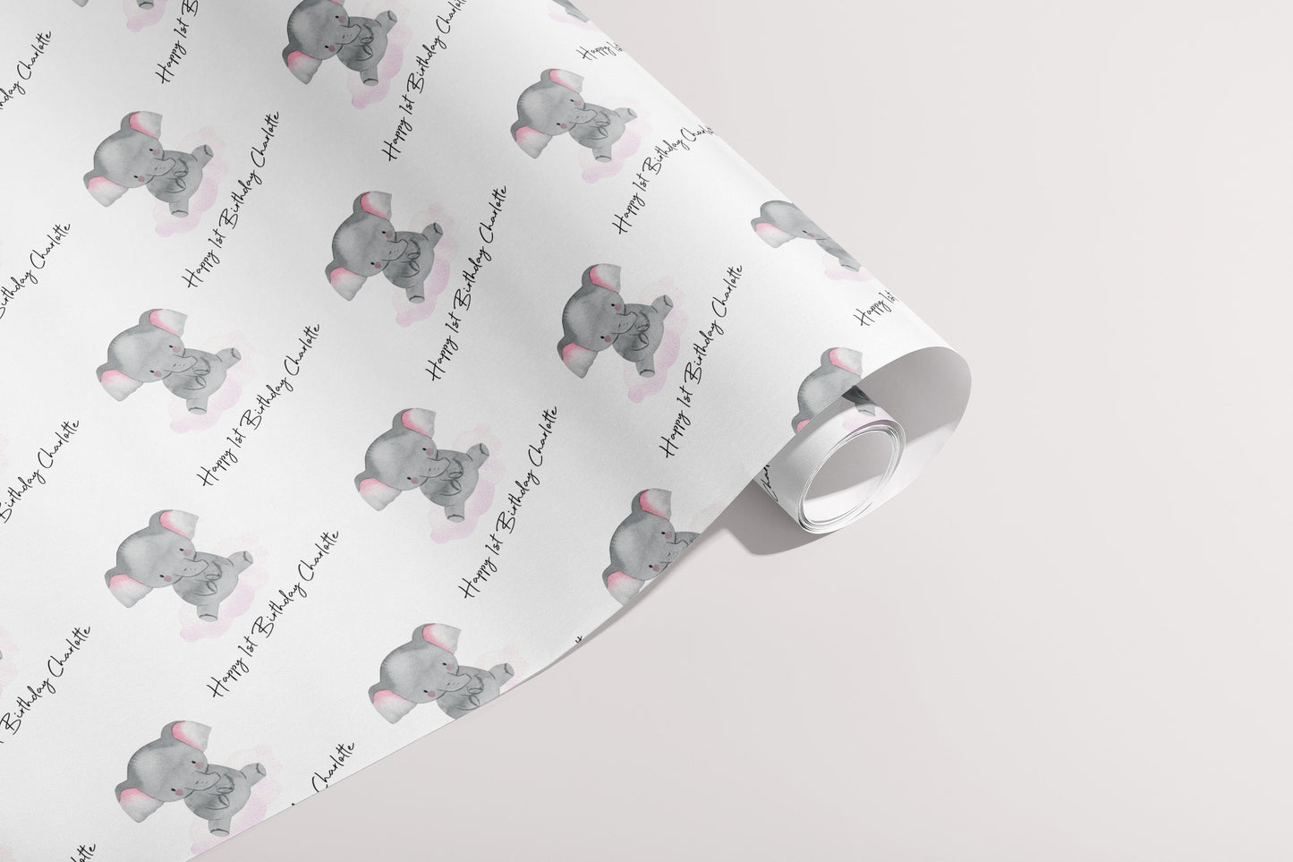 Personalised New Born Gift Wrap, Names, Wrapping Paper, Elephant, Hearts, Customised, Animals, Party, Baby, Children, Gifts, Presents, Pink