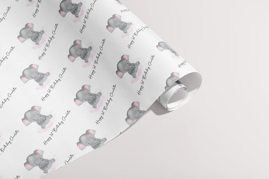 Personalised New Born Gift Wrap, Names, Wrapping Paper, Elephant, Hearts, Customised, Animals, Party, Baby, Children, Gifts, Presents, Pink