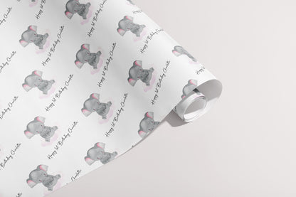 Personalised New Born Gift Wrap, Names, Wrapping Paper, Elephant, Hearts, Customised, Animals, Party, Baby, Children, Gifts, Presents, Pink