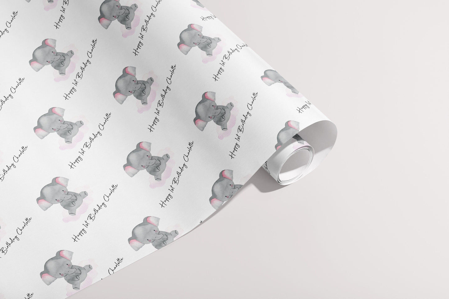 Personalised New Born Gift Wrap, Names, Wrapping Paper, Elephant, Hearts, Customised, Animals, Party, Baby, Children, Gifts, Presents, Pink