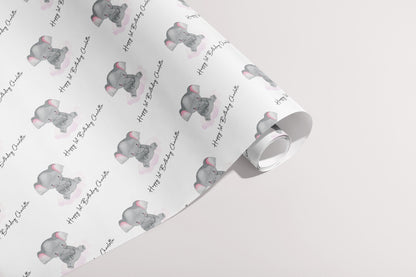 Personalised New Born Gift Wrap, Names, Wrapping Paper, Elephant, Hearts, Customised, Animals, Party, Baby, Children, Gifts, Presents, Pink