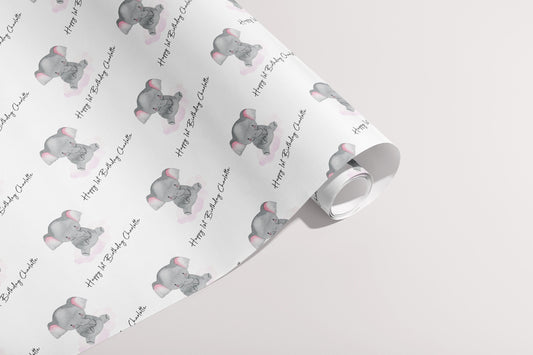 Personalised New Born Gift Wrap, Names, Wrapping Paper, Elephant, Hearts, Customised, Animals, Party, Baby, Children, Gifts, Presents, Pink