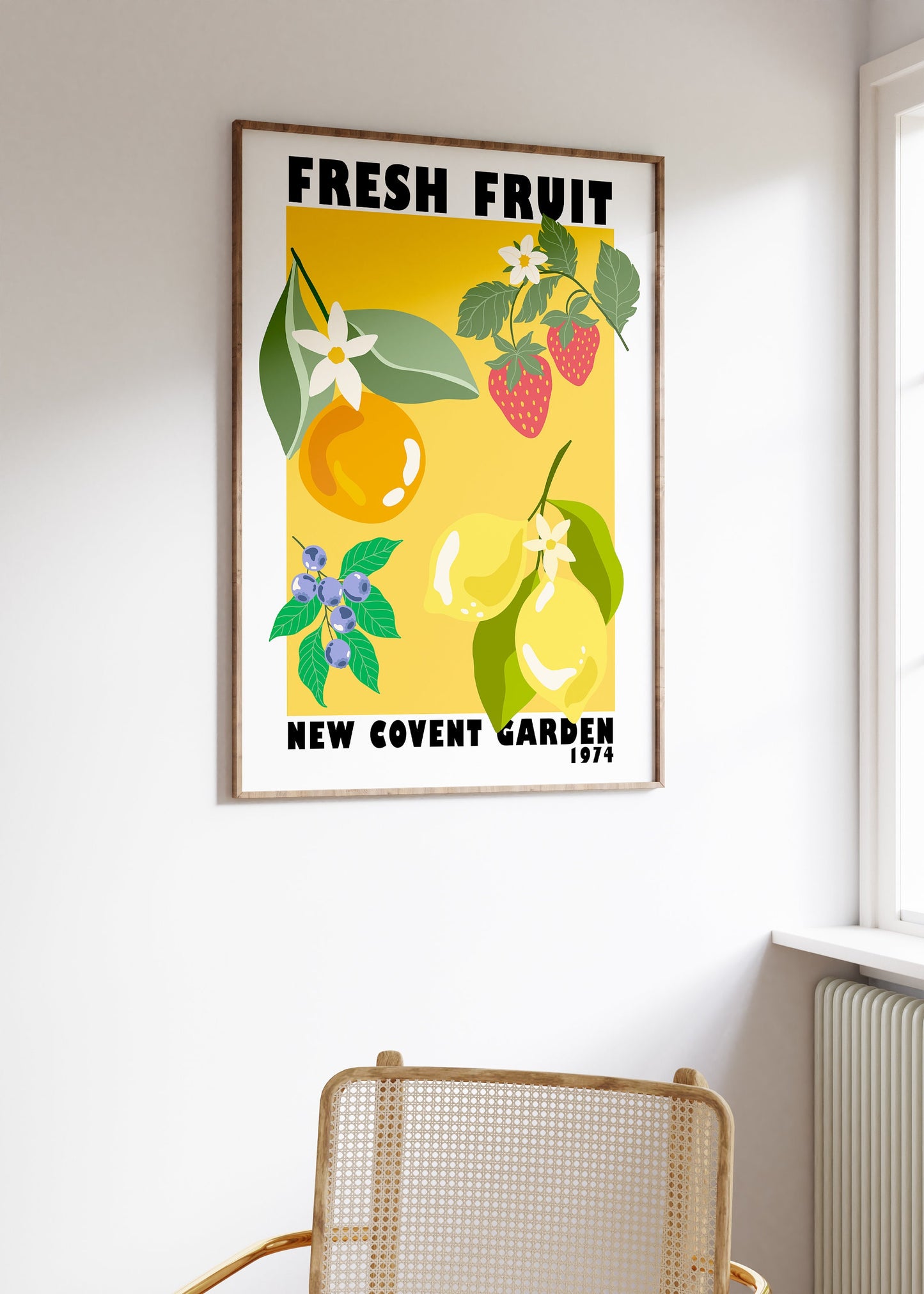 Fruit Market New Covent Garden Print - Yellow Colourful Retro Art, Groovy Kitchen Art, 1970s, Bright Bold Fruit, London Art, On Trend Poster
