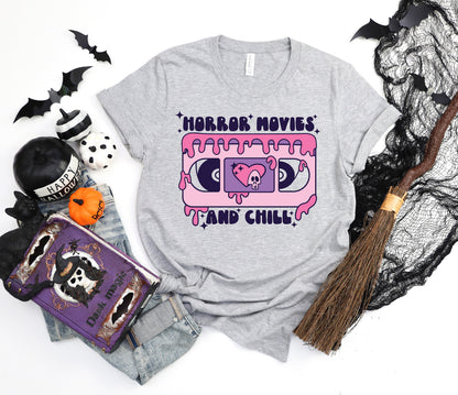 Horror Movies Shirt, Horror Movies and Chill Distressed Shirt, Boo, Halloween Shirt, Spooky Season, Pumpkin T-Shirt, Halloween Night Shirt