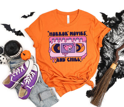 Horror Movies Shirt, Horror Movies and Chill Distressed Shirt, Boo, Halloween Shirt, Spooky Season, Pumpkin T-Shirt, Halloween Night Shirt