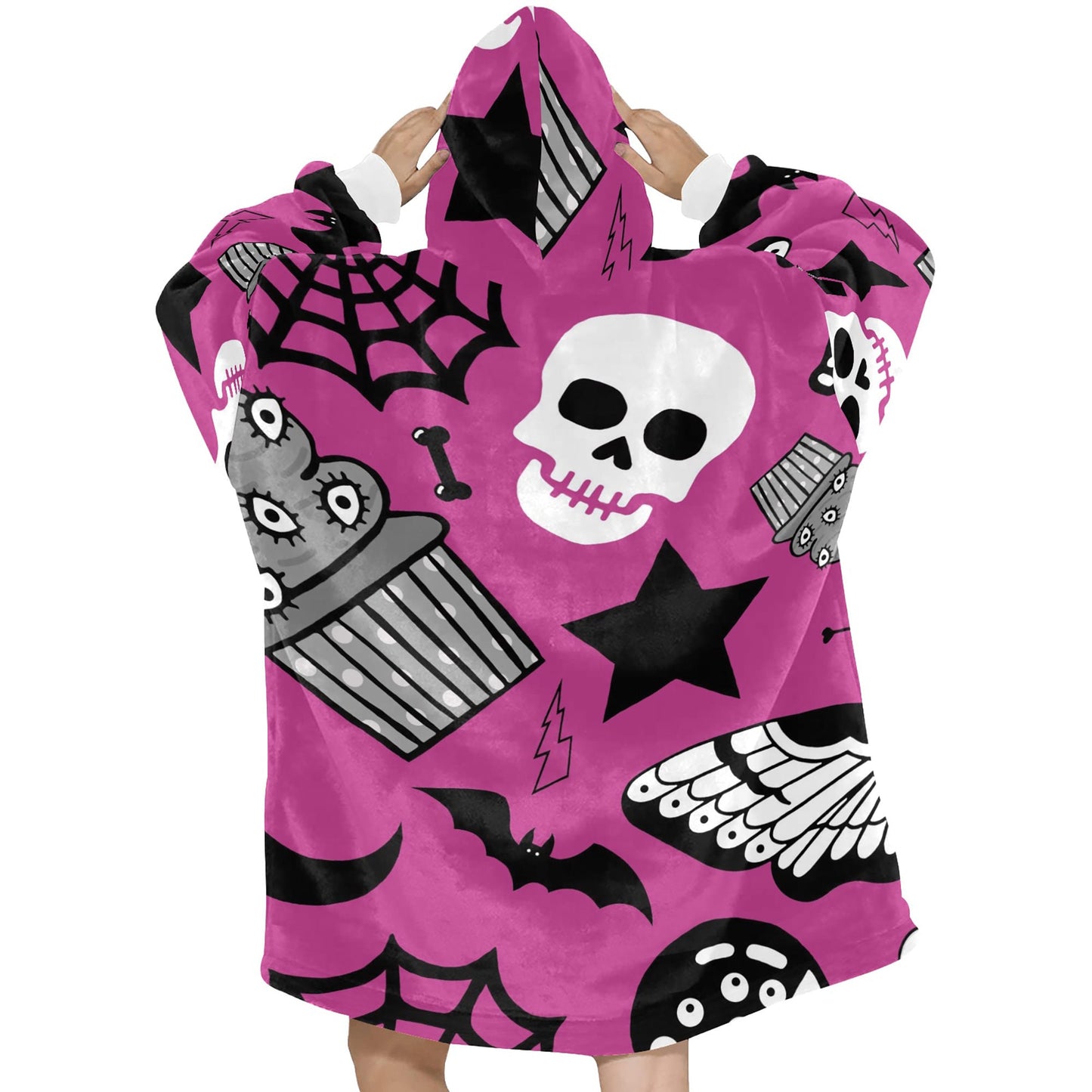 Pink Spooky Halloween Theme Blanket Hooded Jumper Hoodie Winter Oversized Kids Adults