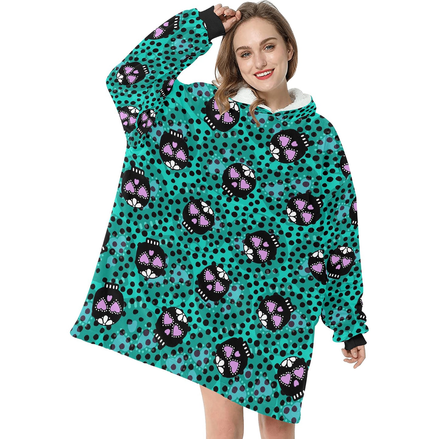 Green Sugar Skull Spooky Halloween Theme Blanket Hooded Jumper Hoodie Winter Oversized Kids Adults