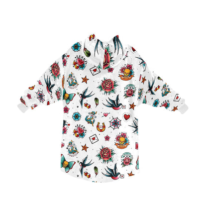White Retro Tattoo Theme Blanket Hooded Jumper Hoodie Winter Oversized Adults