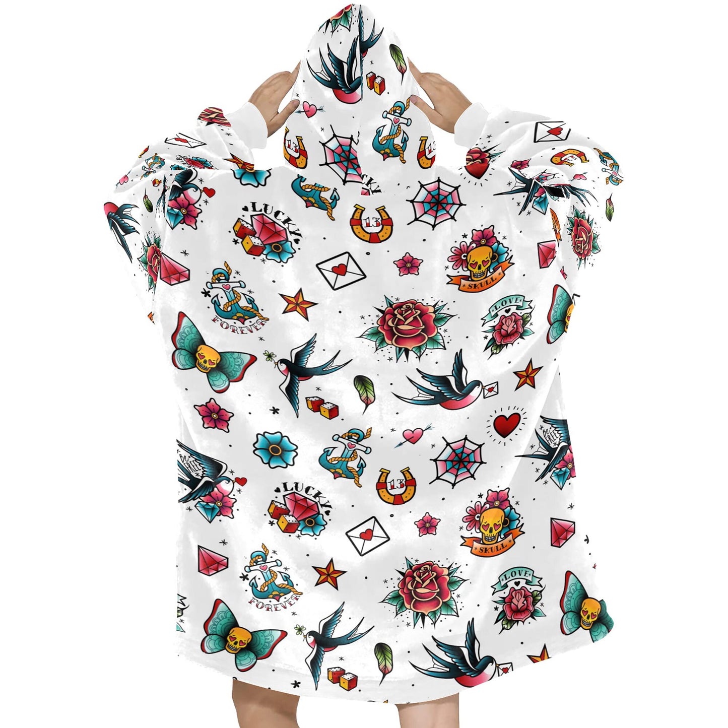 White Retro Tattoo Theme Blanket Hooded Jumper Hoodie Winter Oversized Adults