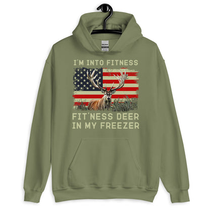 Hunter hoodie, Im into fitness fitness deer in my freezer Hoodie, deer hunting hoodie, American hunter, gift for hunter, American flag deer