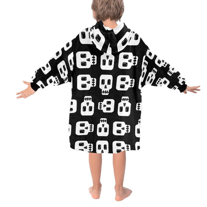 Black White Skulls Spooky Halloween Theme Blanket Hooded Jumper Hoodie Winter Oversized Kids Adults