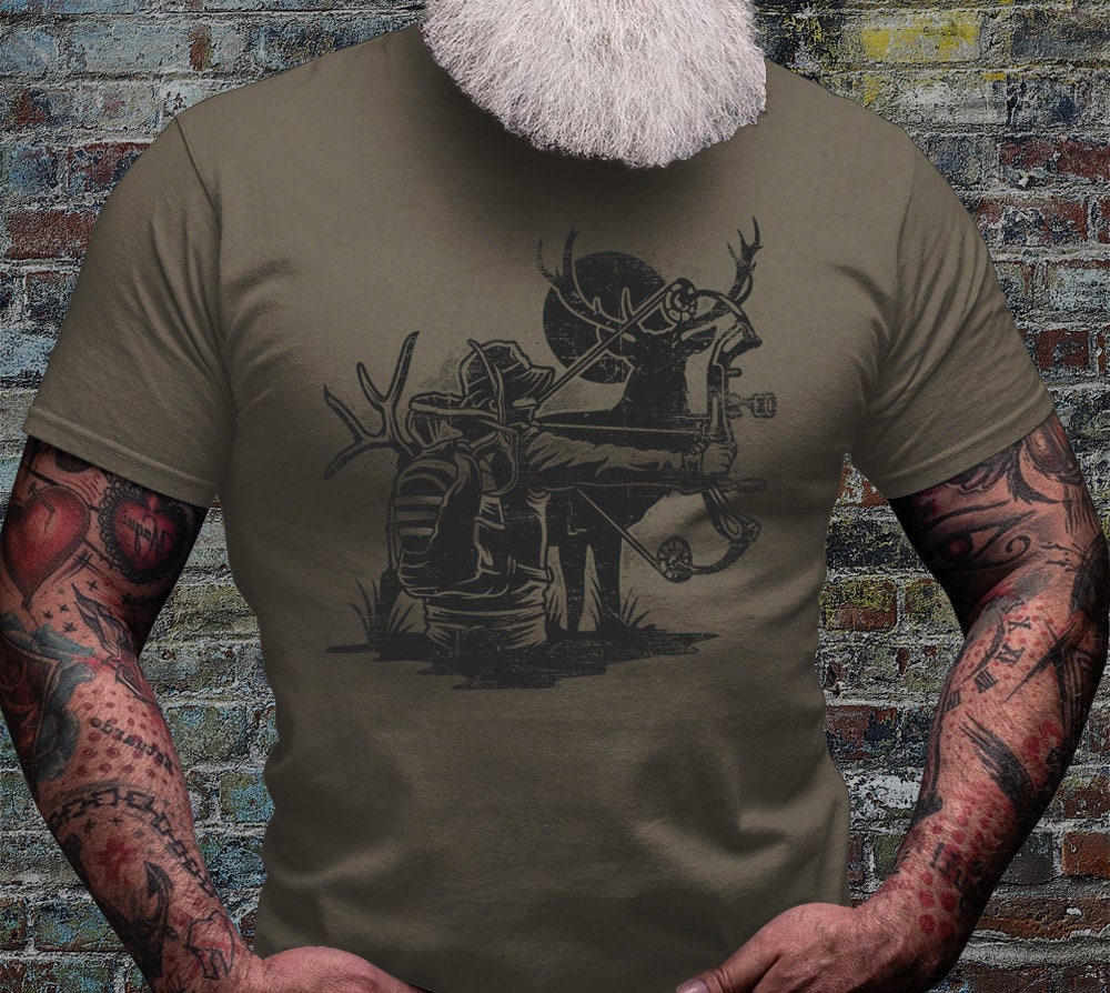 Deer Bow Hunting Shirt | Bow Hunter T-shirt | Outdoor Antler Short Sleeve | Camping Scene Cotton Jersey | Wild Life Tee | Wilderness Gifts