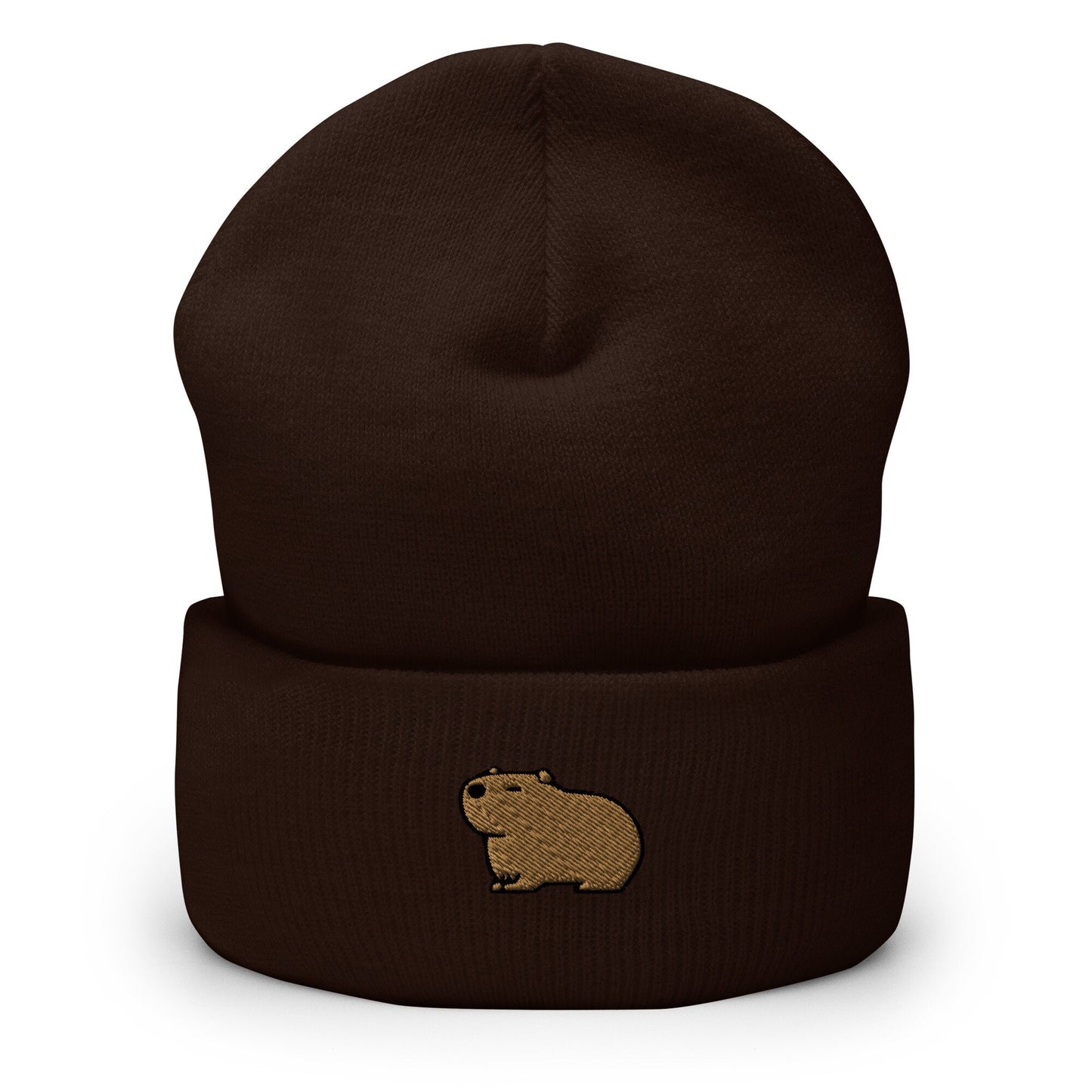 Capybara Embroidered Beanie, Handmade Cuffed Knit Unisex Slouchy Adult Winter Hat Cap Gift