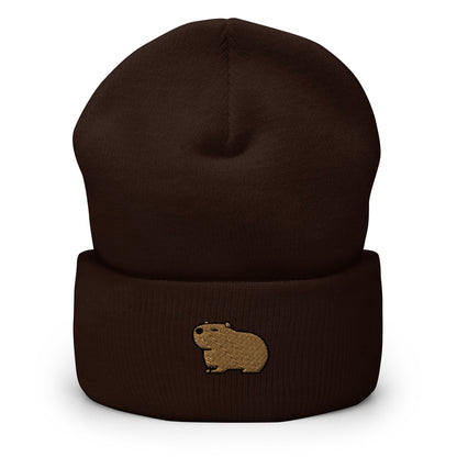 Capybara Embroidered Beanie, Handmade Cuffed Knit Unisex Slouchy Adult Winter Hat Cap Gift
