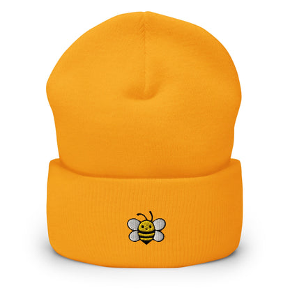 Cute Bee Embroidered Beanie, Handmade Cuffed Knit Unisex Slouchy Adult Winter Hat Cap Gift