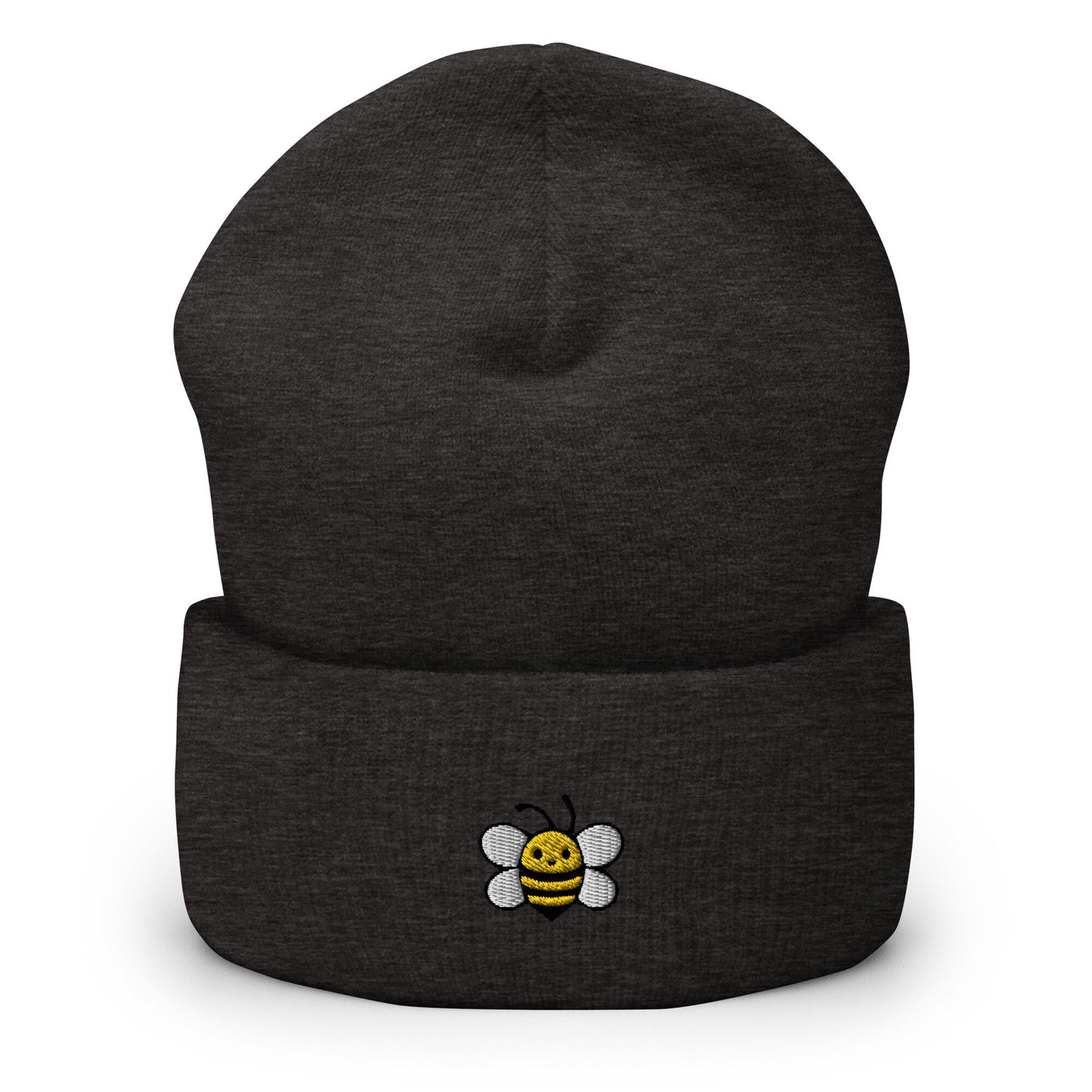 Cute Bee Embroidered Beanie, Handmade Cuffed Knit Unisex Slouchy Adult Winter Hat Cap Gift