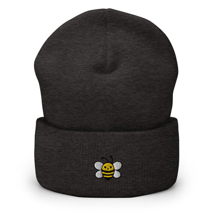 Cute Bee Embroidered Beanie, Handmade Cuffed Knit Unisex Slouchy Adult Winter Hat Cap Gift