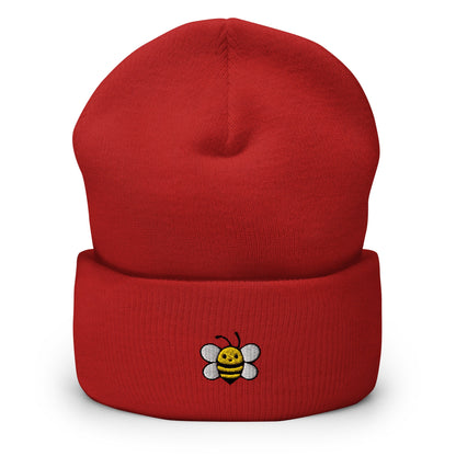 Cute Bee Embroidered Beanie, Handmade Cuffed Knit Unisex Slouchy Adult Winter Hat Cap Gift