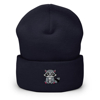 Trash Panda Raccoon Embroidered Beanie, Handmade Cuffed Knit Unisex Slouchy Adult Winter Hat Cap Gift