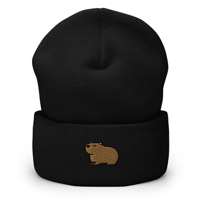Capybara Embroidered Beanie, Handmade Cuffed Knit Unisex Slouchy Adult Winter Hat Cap Gift
